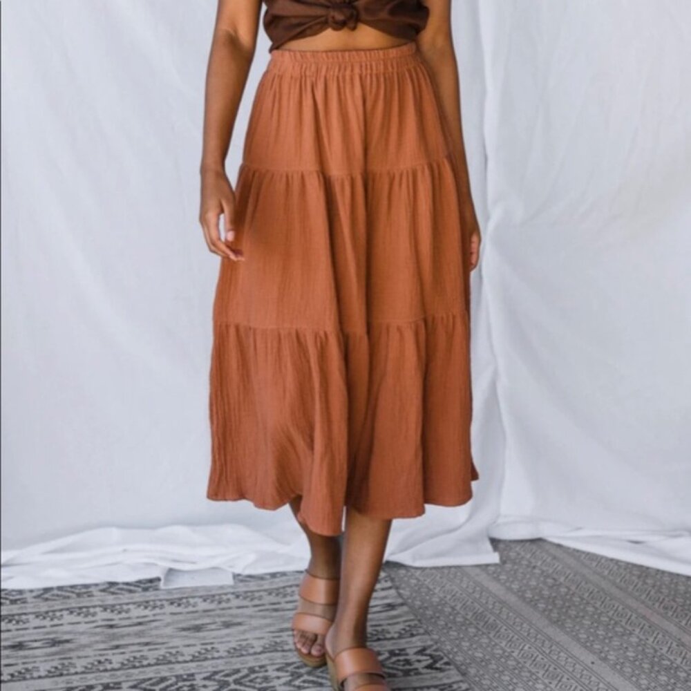 Tiered tiered cotton gauze skirt from Sotela in color Terra